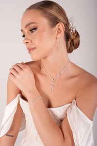 Ensemble de bijoux de mariée en cristal - Collier en Y, bracelet et boucles d'oreilles en argent sterling plaqué platine en forme de feuille - Product Image 5