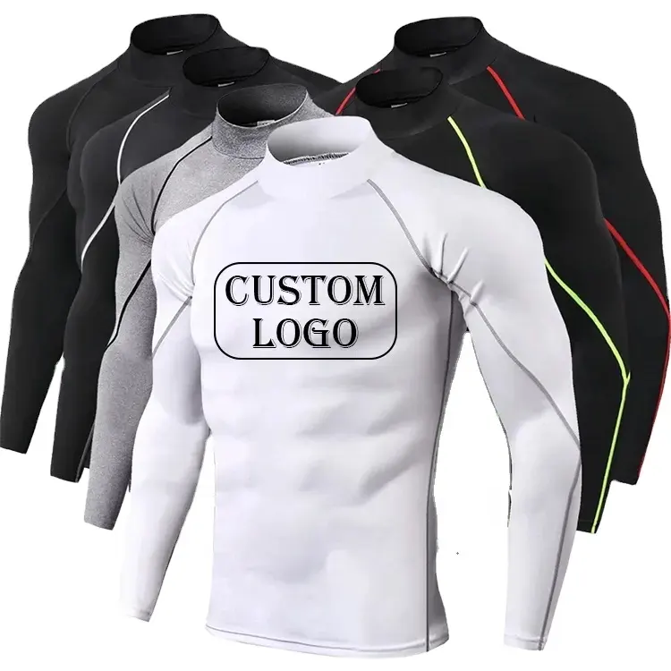 Custom Logo Men's Thermal Quick Dry Fitness Training Top Tee Compression Turtle Mock neck Long Sleeve Workout T Shirts