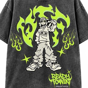 Camiseta Oversize de Hombre Lista para Ganar el Éxito, Estilo Urbano con Estampado de Personajes y Diseño de Graffiti Verde Neón, Manga Corta, Cuello Redondo - Product Image 4