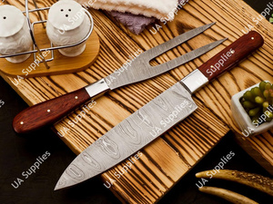 Juego de Cuchillos de Cocina Profesionales de 2 Piezas de Acero de Damasco - Cuchillo de Chef para Rebanar + Tenedor de Acero, Hoja con Patrón Ondulado, Mango Ergonómico de Madera OEM - Product Image 3