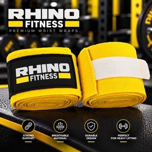 สายรัดข้อมือปรับระดับได้ Rhino Fitness สีเหลือง แบบตีนตุ๊กแก ผ้าฝ้าย สำหรับยกน้ำหนัก ใช้ได้กับมือซ้าย เหมาะสำหรับใช้ในยิม - Product Image 1
