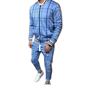 <b>Winter</b> Wear Men's Check Print Sublimated Bomber <b>Jacket</b> Track Suit Zip Enclosure Ribbed Hem & Cuffs Side Stripe Zipper Sweat Suit - Product Image 1