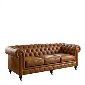 Luxury Tan Leather 3 Seater Sofa with Tufted Back and Rolled Arms Classic Modern Living Room Couch 3 Seater Tufted Sofa - Product Image 2