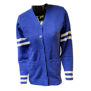 Nouveau cardigan bleu personnalisé à col en V, manches longues, tricoté avec des poches et des boutons, pour l'automne et l'hiver - Product Image 1