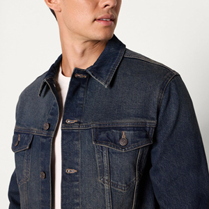 Veste en jean bleu foncé pour homme, sur mesure, style OEM, classique, boutonnée, en coton extensible, streetwear, col rabattu. - Product Image 6