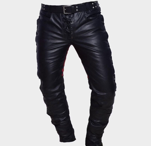 Pantalon moto en cuir noir pour homme, taille mi-haute, à lacets sur le devant, style gothique punk, avec rivets et ceinture - Product Image 1