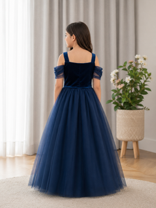 Vestido de Princesa de Tul para Niñas, Color Azul Marino, Hombros Descubiertos, Bordado, Largo hasta el Suelo, Vestido Formal para Bodas, Fiestas y Concursos - Product Image 2