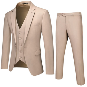 Costume trois pièces beige pour homme, style britannique, simple boutonnage, col à revers, tenue de cérémonie professionnelle, en polyester tissé infroissable - Product Image 2