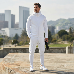 Men's <b>White</b> Hoodie and <b>Jogger</b> Pants Set Solid Color Casual Track Suit Autumn Wear - Product Image 3
