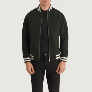 <b>Men's</b> Green <b>Suede</b> Bomber <b>Jacket</b> With White Stripe Trim Regular Fit Zipper Closure Casual Varsity <b>Jackets</b> - Product Image 1