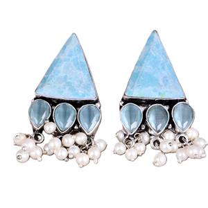 Oxidized <b>Silver</b> Brass Bezel Setting Bohemian Ethnic Flower Onyx <b>Dangle</b> <b>Earrings</b> with Pearl Drops Women Engagement From Rajasthan - Product Image 1