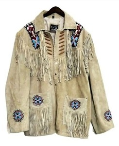 Mens Vintage Suede Leather <b>Fringe</b> <b>Jacket</b> with Braided Bead Details Western Cowboy Style - Product Image 1