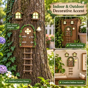 Décoration de Tronc d'Arbre en Résine, Porte Féerique Murale, Ornement d'Arbre <span class=keywords><strong>avec</strong></span> Mini Fenêtres, Échelle et Décoration Lumineuse - Product Image 2