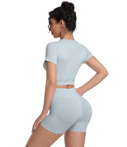 <b>Womens</b> Workout Sets 2 Piece Solid Summer Casual Outfits Scrunch Butt Shorts Crew Neck T-shirt Matching Set For Gym Running Yoga - Product Image 4