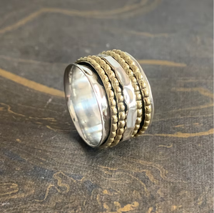 Artisan Crafted Two Tone Spinning <b>Ring</b> Hammered Sterling <b>Silver</b> Beaded Wide Band Boho Meditation Gift - Product Image 3