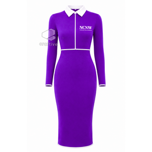Vestido Midi Ajustado Morado para Mujer NCNW con Cuello Polo Blanco en Contraste, Manga Larga y Cierre de Cremallera, Estilo Casual - Product Image 1