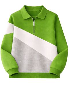 Green <b>White</b> Grey Diagonal Color Block Half <b>Zip</b> Sweatshirt Unisex Regular Fit Casual Autumn Knitted Fleece Pullover - Product Image 1
