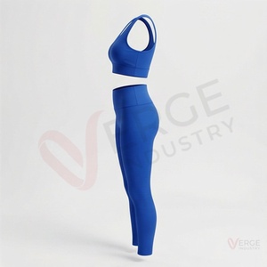 Conjunto de 2 piezas de yoga para mujer: Top corto acanalado azul marino de manga larga con cuello cuadrado y tirantes finos, y shorts de cintura alta - Product Image 3