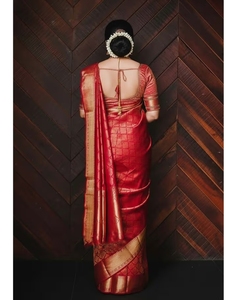 KV <b>Red</b> Designer Banarasi Silk Kanjivaram <b>Saree</b> With Unstitched Blouse - Product Image 4