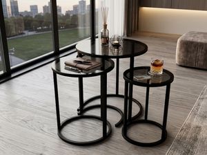 โต๊ะซ้อนกระจกรมควัน โครงโลหะรูปตัว C ชุดเฟอร์นิเจอร์กาแฟทรงกลม - Product Image 3