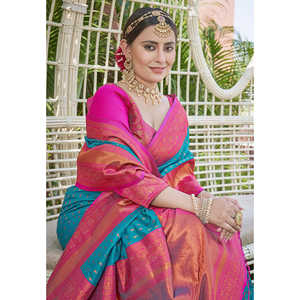 ผ้าไหมพายทานีสีน้ำเงิน 1000 บุตติ ซารี ผ้าทอประดับด้วยด้ายซารี  ชุดราตรีหรูหรา - Product Image 2