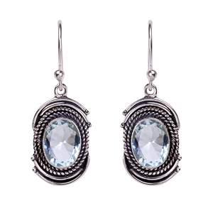 Handmade Aquamarine Oval Gemstone <b>Silver</b> Plated Alloy Women's Party Jewelry Bezel Setting Style Drop <b>Dangle</b> <b>Earrings</b> - Product Image 1