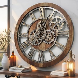 Horloge murale analogique artisanale en bois d'acacia avec engrenages en laiton |   Design steampunk contemporain, motif géométrique abstrait, rectangulaire - Product Image 1