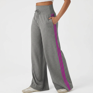 Pantalon de survêtement tricoté pour femme, coupe large, taille haute, avec cordon de serrage, rayures latérales, coupe ample, longueur intégrale, couleur unie, style sportif, pour la détente - Product Image 4