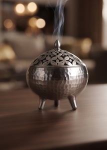 Metal Incense <b>Burner</b> <b>Silver</b> Hammered Tripod Cauldron Censer Floral Cutout Domed Lid Wholesale - Product Image 4
