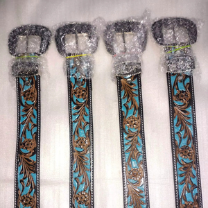 Nuevo Cinturón Hecho a Mano de Cuero de Grano Completo con Grabado Floral Vintage, Hebilla Plateada Estilo Western, Casual, Duradero, Moldeado en una Sola Pieza, Azul y Marrón - Product Image 1