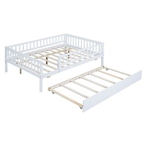 Letto a giorno in legno bianco a grandezza naturale per bambini con letto estraibile e sponde di sicurezza - Product Image 5
