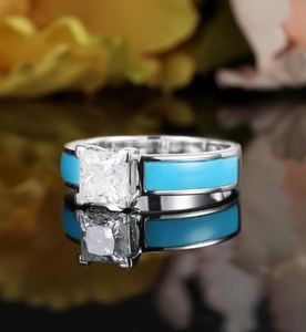 Bague de fiançailles en moissanite taille princesse en or blanc, style Art Déco, émail bleu, sertie à griffes, vintage, pour anniversaire, cadeau pour femme - Product Image 4
