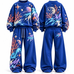 Conjunto Deportivo Gráfico Azul Rey para Mujer, Sudadera Oversize y Pantalones Anchos, Estilo Urbano Casual de Dos Piezas - Product Image 3