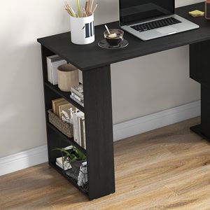 Scrivania da Ufficio a L Girevole a 360° con Scaffali Portaoggetti e Tavolo per Scrittura, Nera - Resistente e Funzionale - Product Image 6