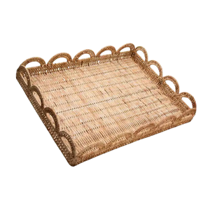 Plateau en rotin de luxe rectangulaire tressé avec bord festonné, matériau naturel, pour organisateur de bureau, plateau de service alimentaire, vente en gros - Product Image 1