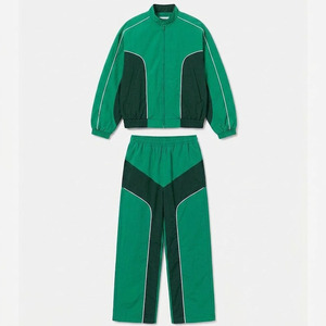 Trendy Streetwear Green Two-Piece Set, Color-Block Windbreaker Jacket and Long <b>Pants</b>, Unisex Athleisure Sportswear Outfit - Product Image 1