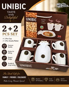 Juego de Tazas y Platos de Melamina Blanca de Lujo con Impresión, 2 Tazas, 2 Platos, Empaque en Caja Marrón para Regalo de Té o Café - Product Image 1