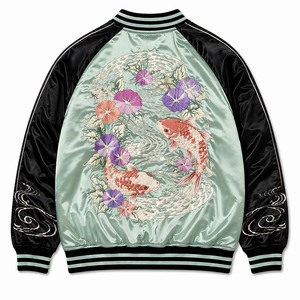 Chaqueta Bomber Sukajan Japonesa Reversible Personalizada al por Mayor, Satén Color Menta con Bordado de Koi y Flores - Product Image 3