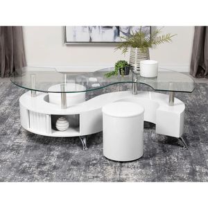 Table basse de luxe en teck massif, moderne, avec plateau en verre trempé blanc en forme de vague, table centrale, tabourets ottoman, villa, hôtel - Product Image 1
