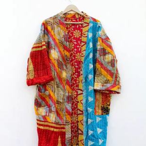 Nueva llegada indio hecho a mano viejo Kantha edredón Kimono chaqueta clásica Kimono largo con cinturón y chaqueta de cuello grande para mujer - Product Image 1