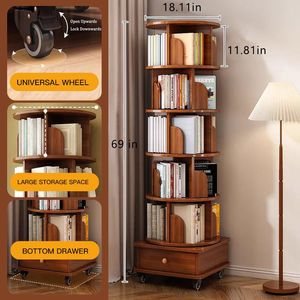 Libreria Girevole a 360° Aggiornata, Scaffale Portaoggetti a 6 Ripiani in Legno con Ruote, Stile Nordico - Product Image 6