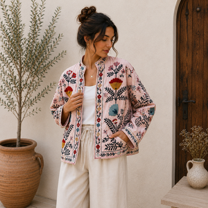 Veste en coton matelassée faite à la main pour femmes, broderie florale, style décontracté bohème, manteau léger à manches longues, style vintage, Bohobi BOHO19 - Product Image 3