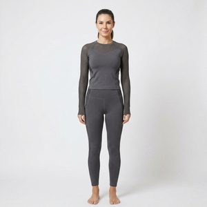 Women Black Long Sleeve Mesh Panel Sports <b>Top</b> <b>and</b> High Waist <b>Leggings</b> Two Piece Yoga Activewear Set - Product Image 1