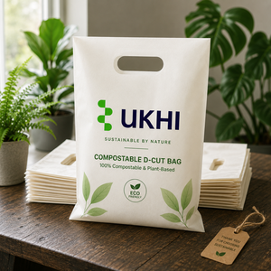 UKHI Bio <b>Compostable</b> PBAT PLA Cornstarch Die-Cut Three-Side Seal Carry <b>Bag</b> 75 Microns Supermarket Shopping Packaging - Product Image 1
