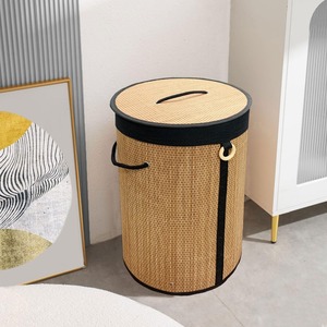 Bamboo Laundry Hamper Foldable Clothes <b>Basket</b> with Lid Woven Storage Bin for <b>Bathroom</b> Bedroom - Product Image 2