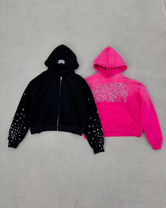 Custom 500gsm <b>Black</b> Rhinestone Distressed Fleece <b>Hoodie</b> with 3D Embroidery Applique for <b>Men</b> - Product Image 1