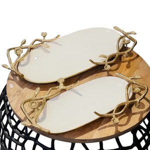 Magnifiques poignées dorées créatives, design de branche feuillue avec émail blanc fantaisie, plateau de service en métal de forme ovale, fait main, paires de 2 - Product Image 1