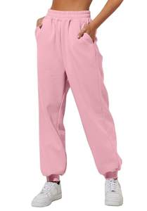Pantalon Harem en Polaire Rose pour Femme, Taille Haute Élastique, Longueur Cheville, Joggers Décontractés avec Poches Latérales, Couleur Unie, Coupe Ample - Product Image 3