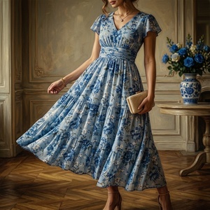 Robe midi en mousseline respirante à imprimé floral bleu clair, col en V, manches courtes, style décontracté et romantique pour l'été - Product Image 2