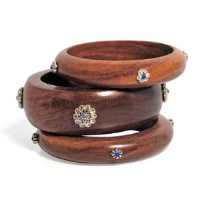 Handcrafted Vintage Sheesham <b>Wood</b> <b>Bangles</b> Gold Floral for Party Jewelry Sisso Saffron Teak Hexagonal Boho Women's - Product Image 4